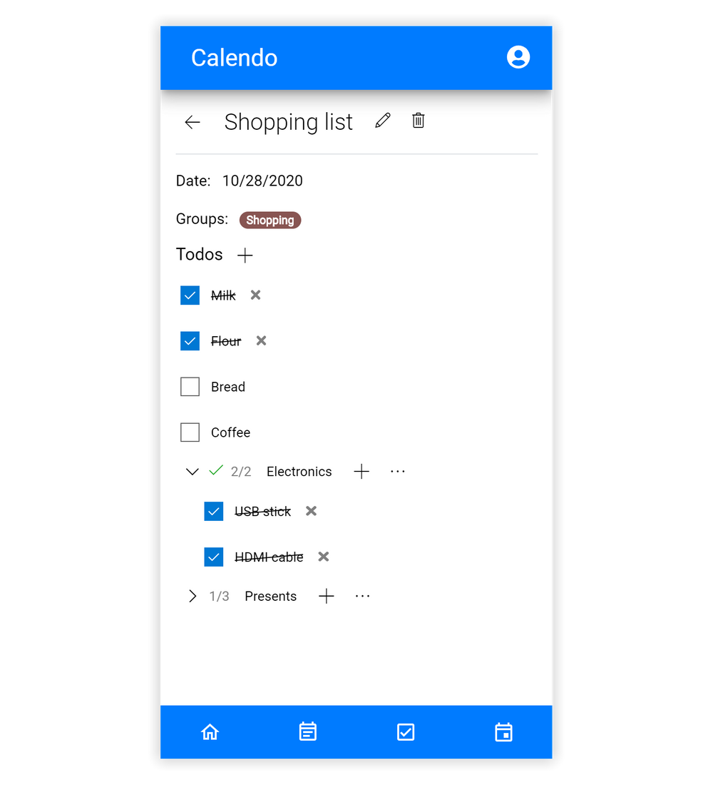 Calendo Version 0.9 Bottom navigation, free nested todo lists & more